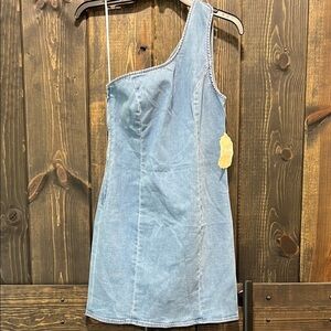 NWT Altar'd State One Shoulder Mini Dress S‎ Denim Stretch Festival Western Boho